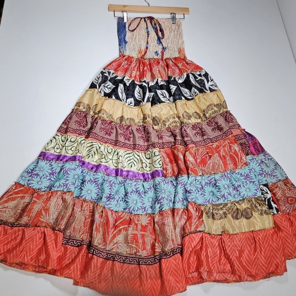 Maxi Dress Womens Small 100% Silk Patchwork Boho Smocked Tiered Boho Festival - Picture 2 of 10